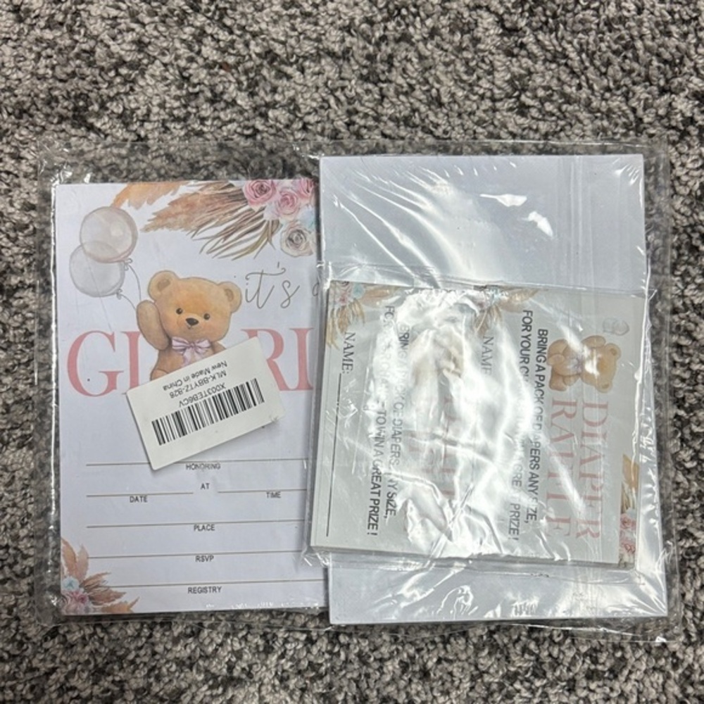 Baby Girl Shower Invitation Cards with Teddy Bear Design and Diaper Raffle